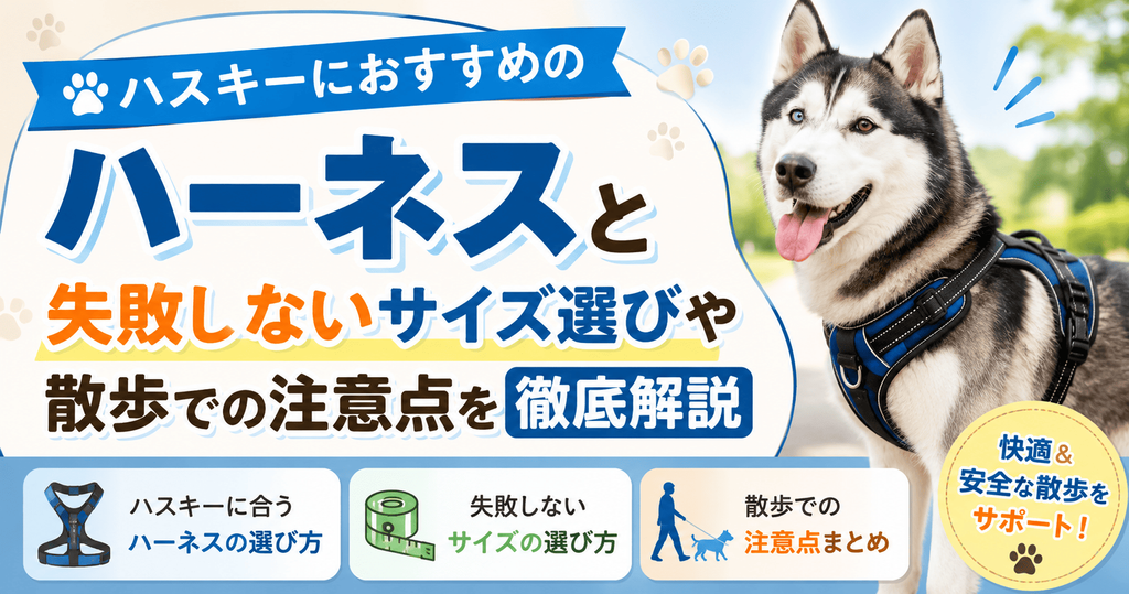 ハーネスを着用したシベリアンハスキーと、ハスキーにおすすめのハーネス・失敗しないサイズ選び・散歩の注意点を解説するアイキャッチ画像