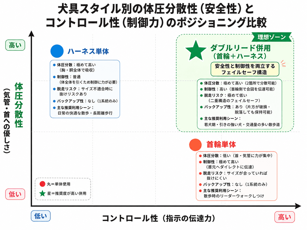首輪・ハーネス・ダブルリードの機能比較ポジショニング図。首輪の高い制御性とハーネスの優れた体圧分散性を両立し、万が一の脱走や破損を防ぐフェイルセーフとしてダブルリード併用が最も安全であることを示す解説図。