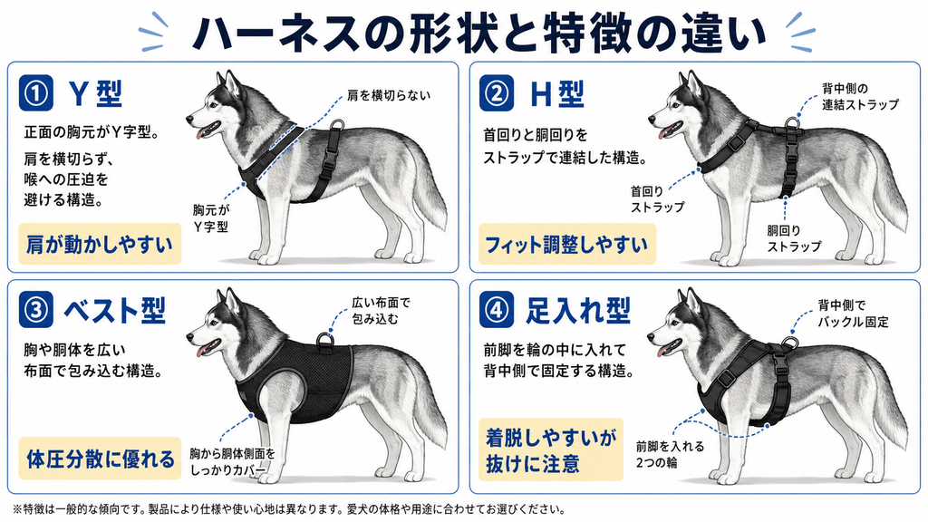 シベリアンハスキー用ハーネスのY型・H型・ベスト型・足入れ型の形状と特徴の違いを比較した図