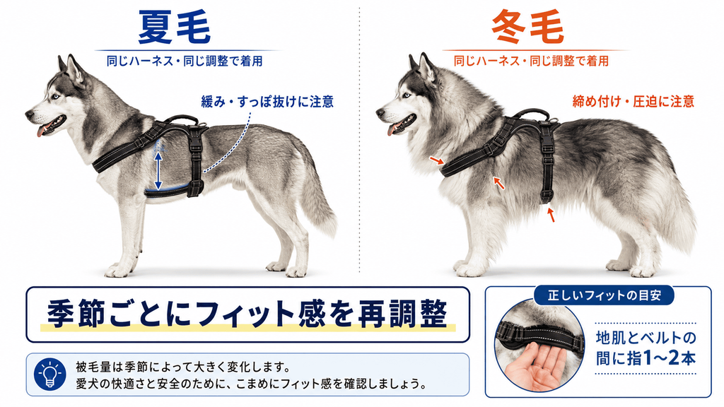 シベリアンハスキーの夏毛と冬毛によるハーネスのフィット感の違いと、季節ごとのサイズ調整方法を比較した図