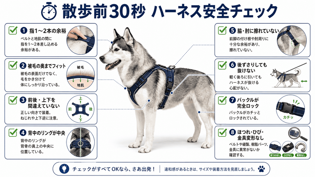 シベリアンハスキーの散歩前ハーネス安全チェック8項目。指1〜2本の余裕、体へのフィット、装着方向、背中のリング位置、脇の擦れ、抜け防止、バックルのロック、ベルトや金具の破損を確認する方法
