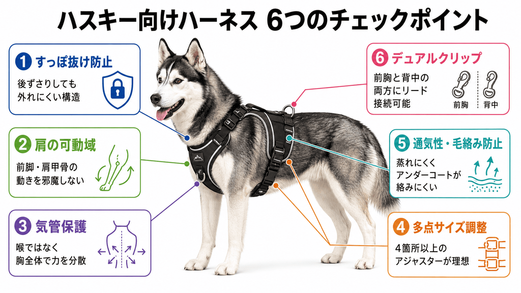 シベリアンハスキー向けハーネスの選び方として、すっぽ抜け防止・肩の可動域・気管保護・サイズ調整・通気性・デュアルクリップの6項目を解説した図