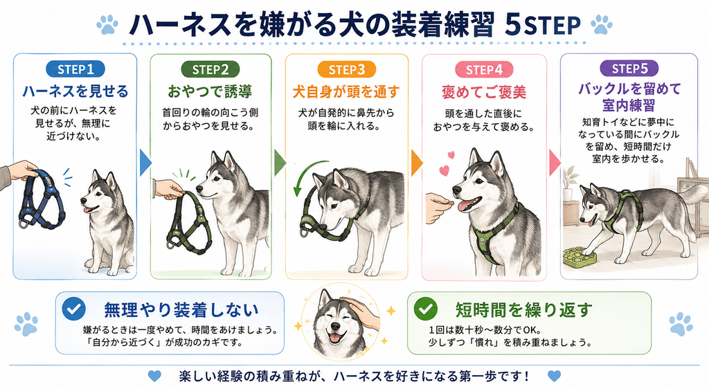 シベリアンハスキーがハーネスを嫌がるときの装着練習5ステップ。ハーネスを見せる、おやつで誘導する、頭を通す、褒める、室内で短時間着用する流れを解説