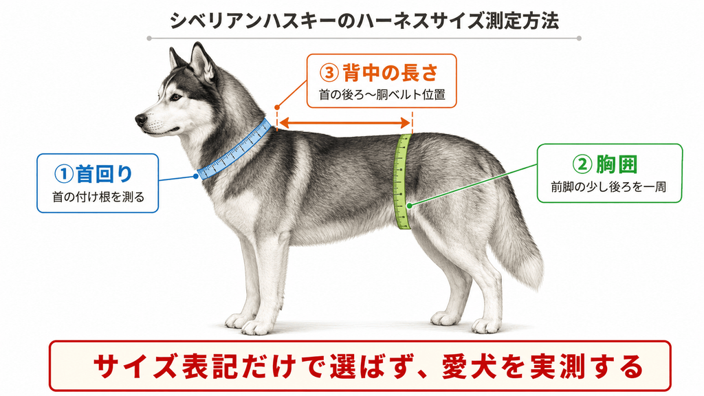 シベリアンハスキーのハーネスサイズの測り方を、首回り・胸囲・背中の長さの3か所で解説した図