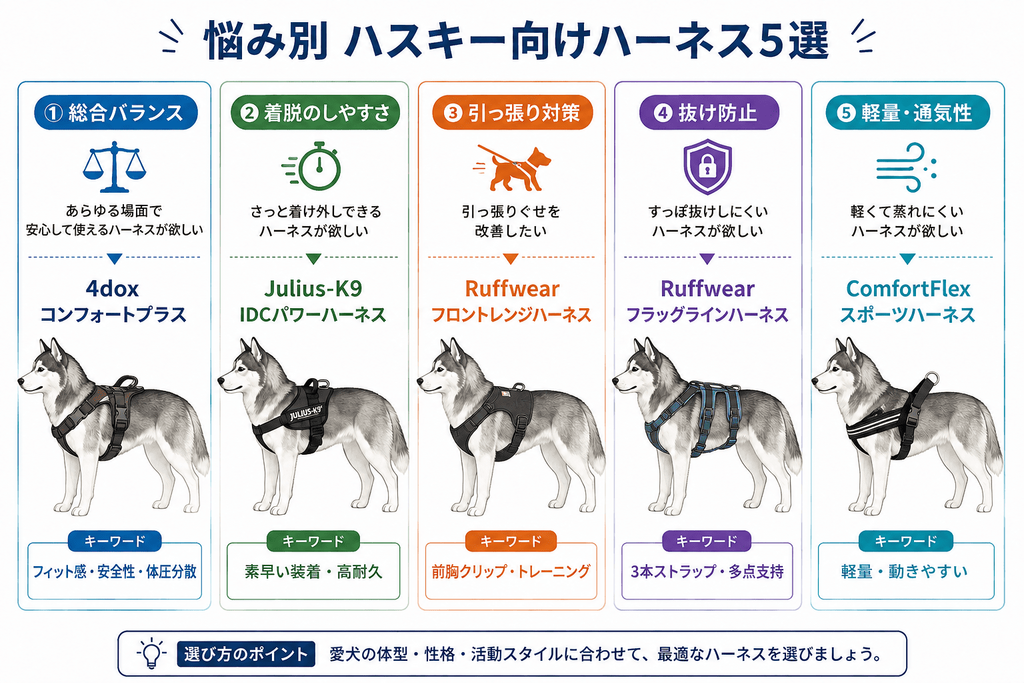 シベリアンハスキー向けハーネス5選を悩み別に比較。総合バランス、着脱のしやすさ、引っ張り対策、抜け防止、軽量・通気性に適したハーネスを紹介