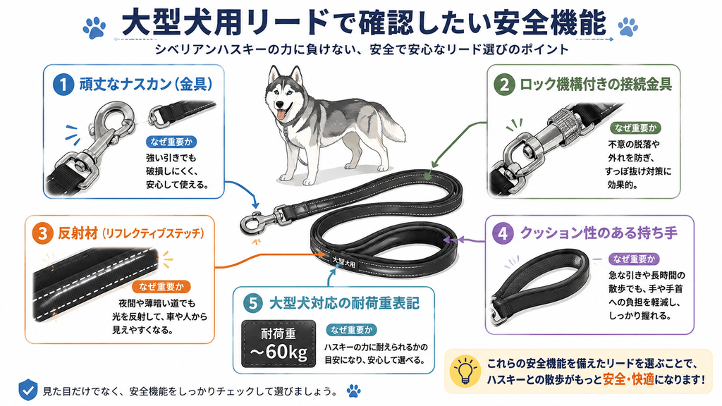 シベリアンハスキー向け大型犬用リードで確認したい安全機能。頑丈なナスカン、ロック機構、反射材、クッション付き持ち手、耐荷重表記を解説