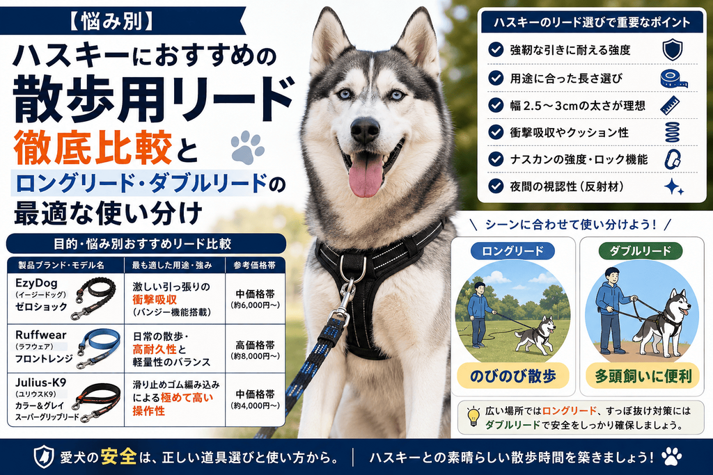 シベリアンハスキーにおすすめの散歩用リードを比較し、スタンダードリード・ロングリード・ダブルリードの特徴や安全な使い分けを解説したアイキャッチ画像