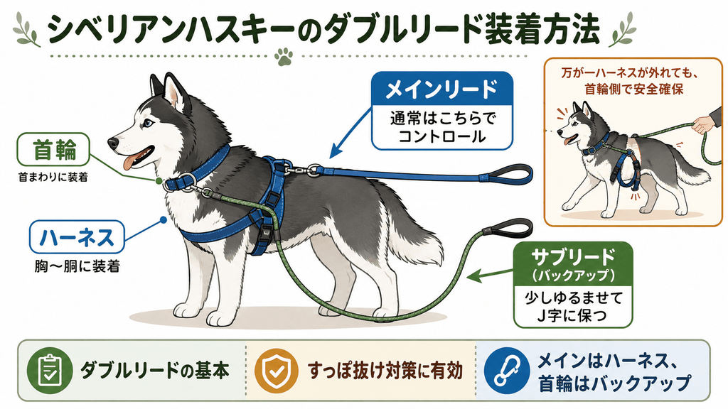 シベリアンハスキーのダブルリード装着方法。ハーネスにメインリード、首輪にサブリードを接続してすっぽ抜けを防ぐ図解