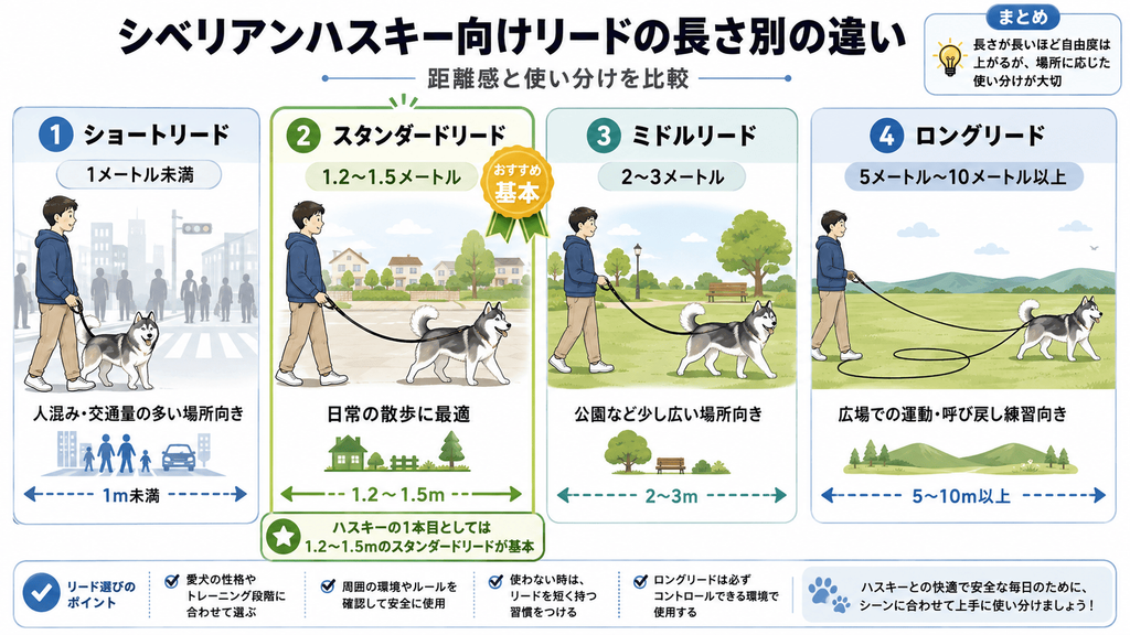 シベリアンハスキー向けリードの長さ別比較。ショート1m未満、スタンダード1.2〜1.5m、ミドル2〜3m、ロング5〜10m以上の用途を場面別に解説