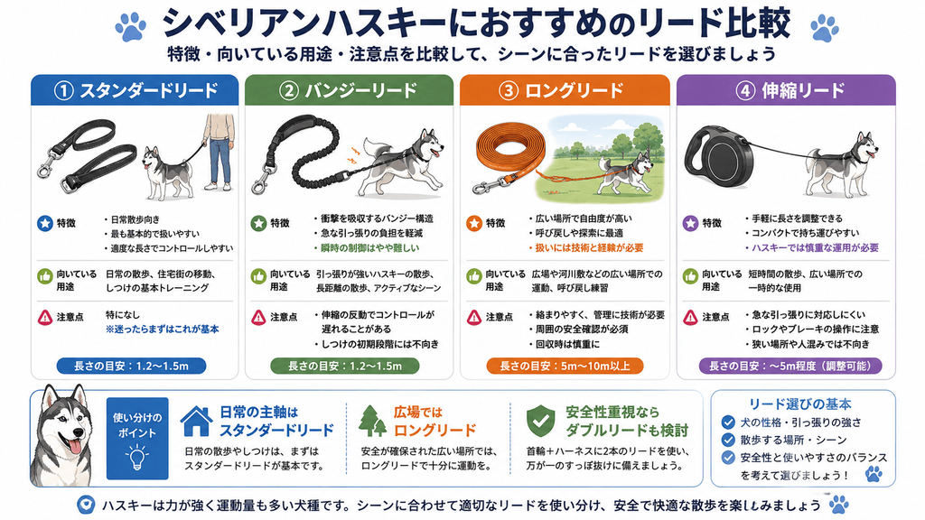 シベリアンハスキーにおすすめのリード4種類を比較。スタンダード・バンジー・ロング・伸縮リードの特徴、用途、注意点を解説