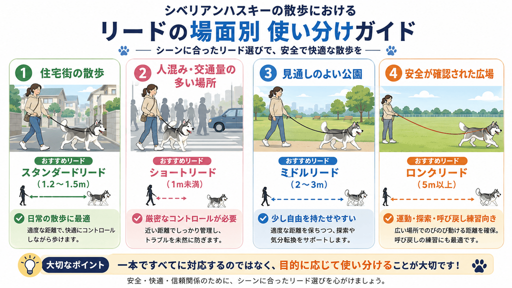 シベリアンハスキーの散歩で使うリードの場面別使い分け。住宅街はスタンダードリード、人混みはショートリード、公園はミドルリード、広場はロングリードを推奨