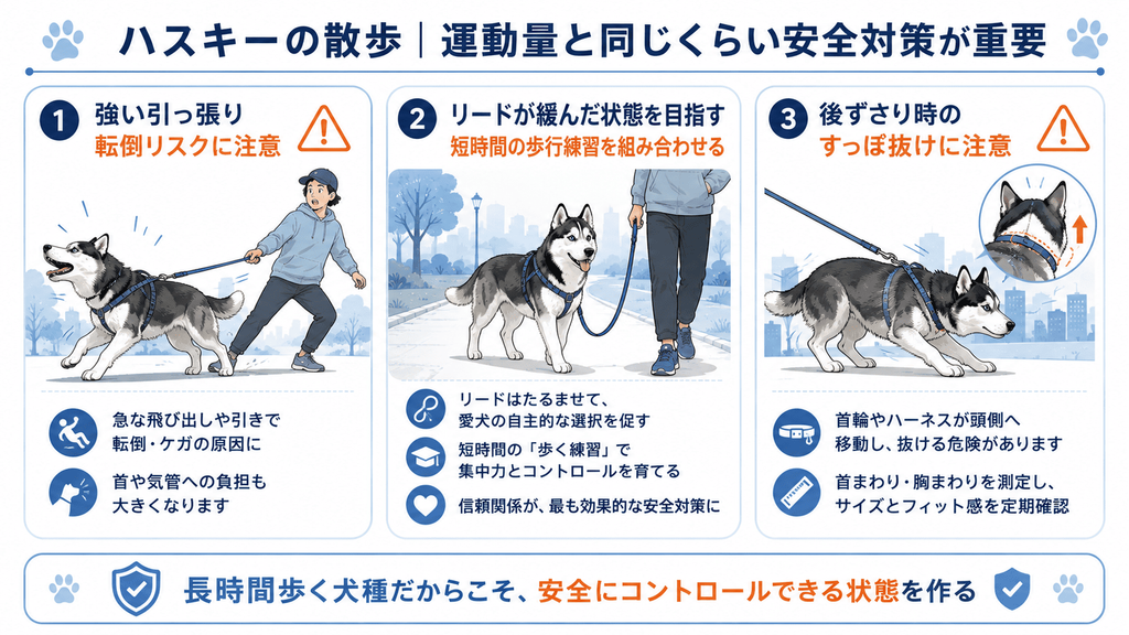 ハスキーの散歩中の引っ張りと首輪・ハーネスのすっぽ抜けに注意する図