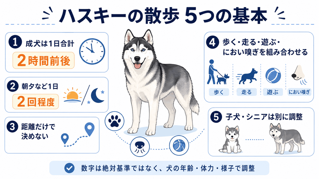 ハスキーの散歩時間・回数・距離・遊びをまとめた運動量の考え方