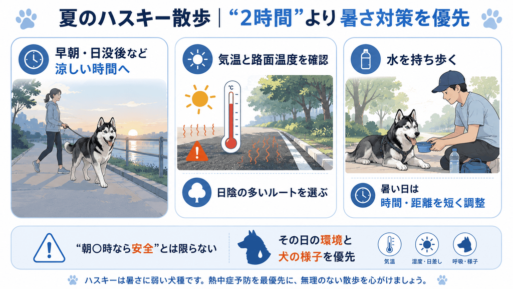 夏のハスキー散歩で早朝や日没後を選び水分と路面の暑さに注意する様子