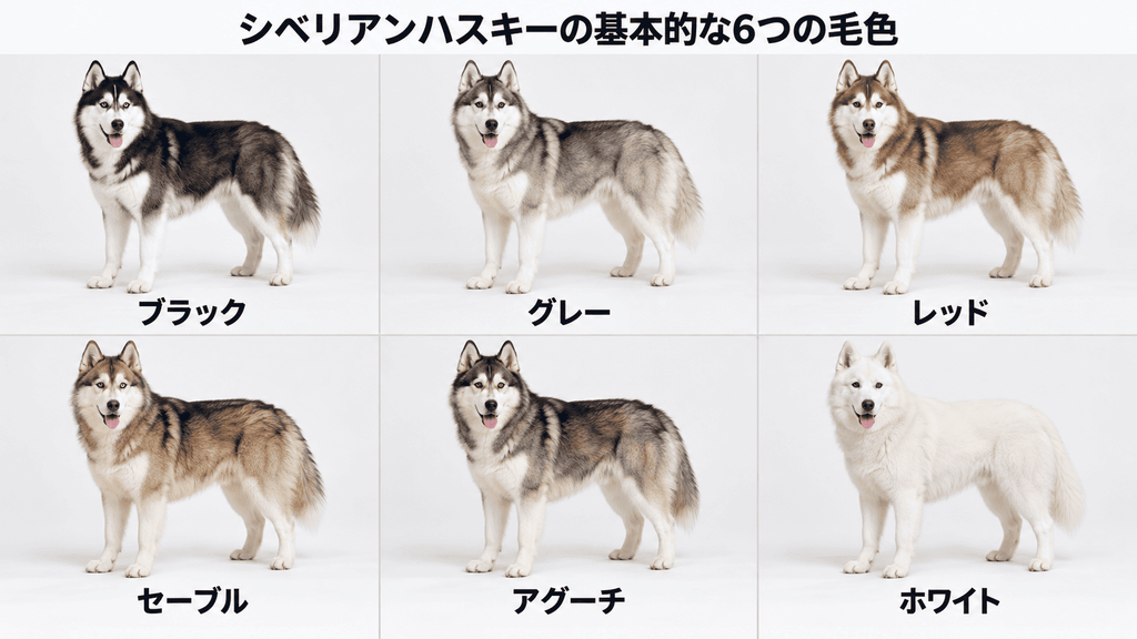 シベリアンハスキーのブラック、グレー、レッド、セーブル、アグーチ、ホワイトの6種類の毛色