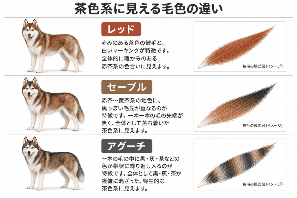 茶色に見えるシベリアンハスキーのレッド、セーブル、アグーチを比較した図