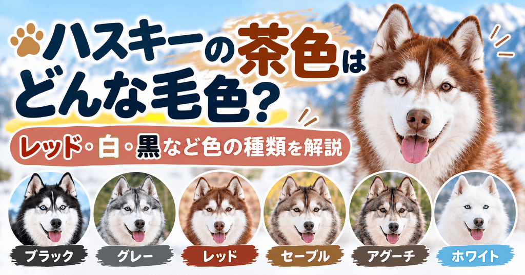 雪山を背景にしたシベリアンハスキーと、ブラック・グレー・レッド・セーブル・アグーチ・ホワイトの代表的な毛色6種類を紹介する画像