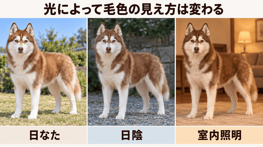 同じ赤茶系のシベリアンハスキーを日なた、日陰、室内照明で比較した画像