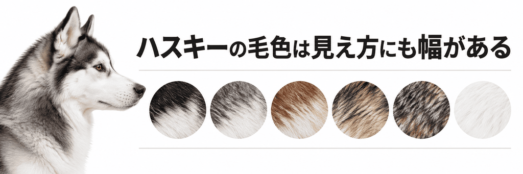 シベリアンハスキーの毛色にはさまざまな見え方があることをまとめた画像
