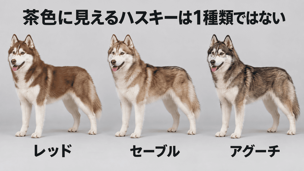 レッド、セーブル、アグーチの被毛の色の違いを模式的に比較した図