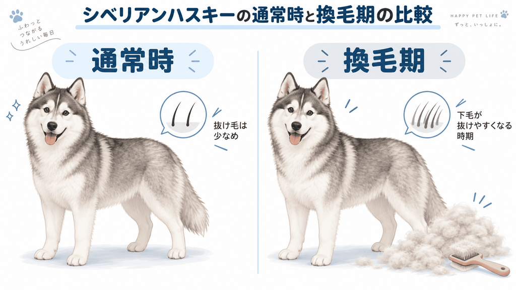 通常時と換毛期で異なるハスキーの抜け毛量を比較した図