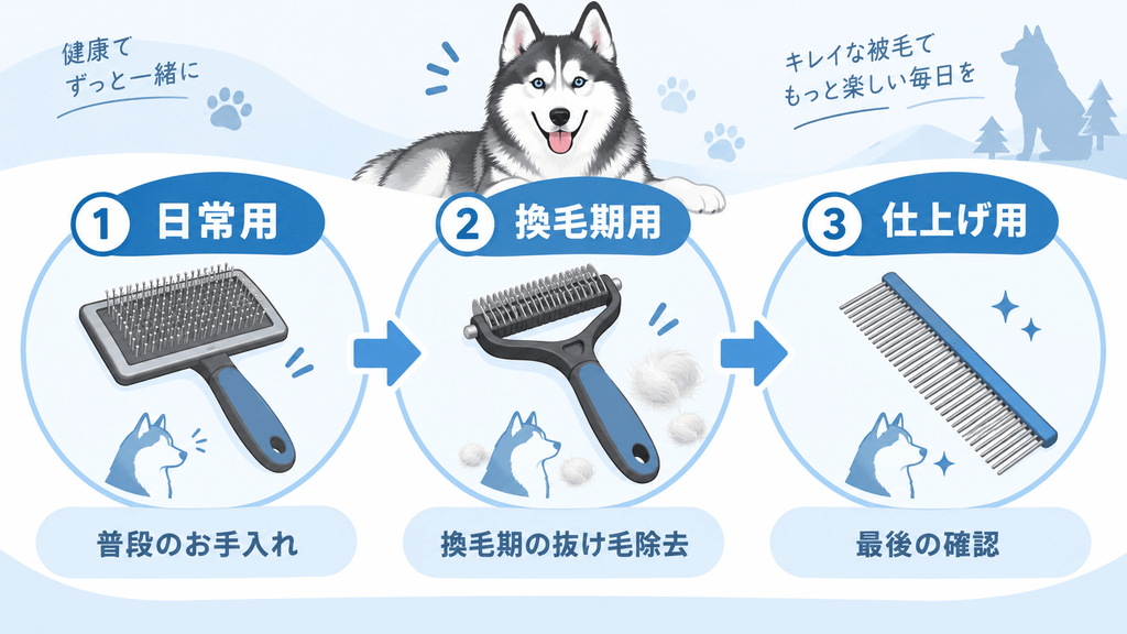 ハスキーのブラシを日常用・換毛期用・仕上げ用の3用途に分けた図