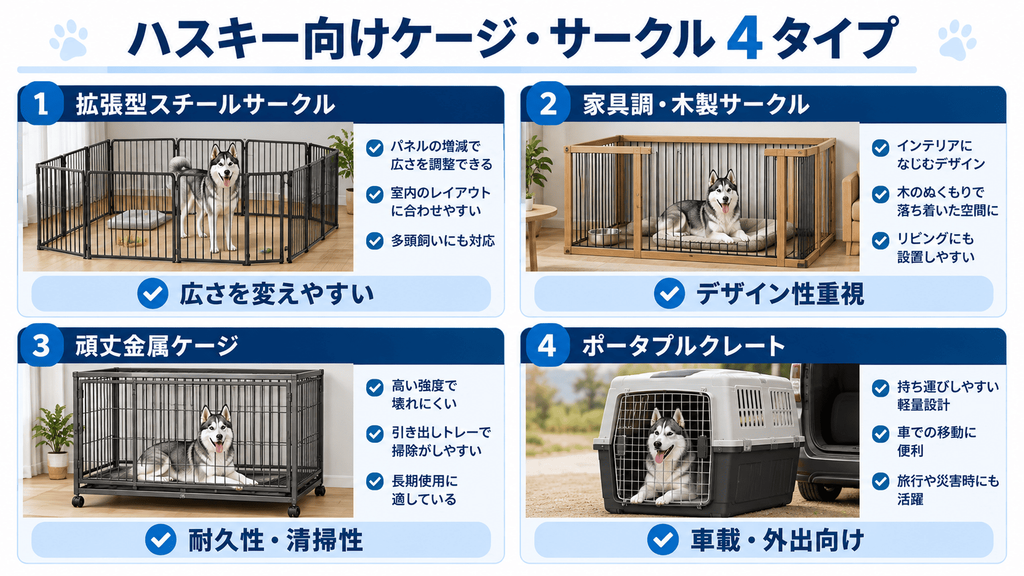 ハスキー向けの拡張型スチールサークル、木製サークル、頑丈な金属ケージ、ポータブルクレートの4タイプを、広さ・デザイン・耐久性・移動用途の特徴別に比較した図。