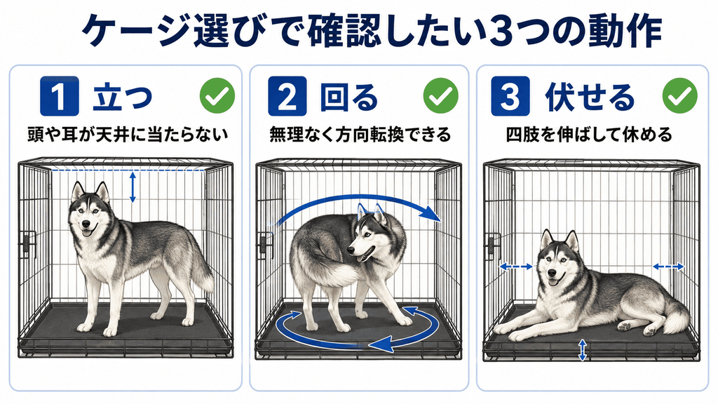 ハスキーがケージ内で「立つ」「無理なく回る」「四肢を伸ばして伏せる」の3動作をできるか確認し、適切なケージサイズを選ぶ方法を示した図。