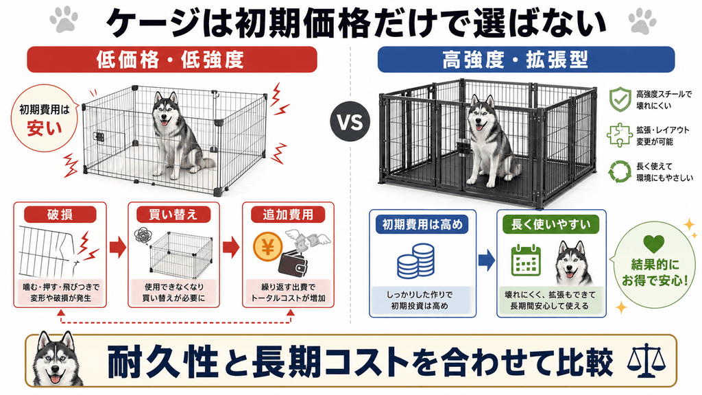 低価格・低強度のケージと高強度・拡張型ケージを比較し、破損や買い替えによる追加費用を含めて耐久性と長期コストで選ぶ重要性を示した図。