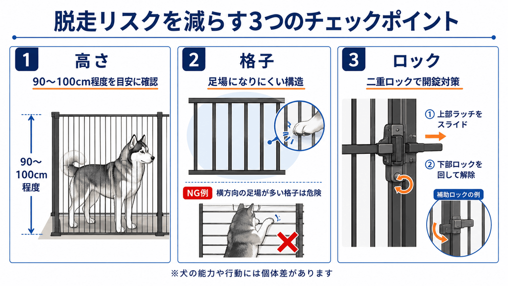 ハスキーの脱走リスクを減らすため、柵の高さ90〜100cm程度、足場になりにくい縦格子、二重ロックの3点を確認する方法を示した図。