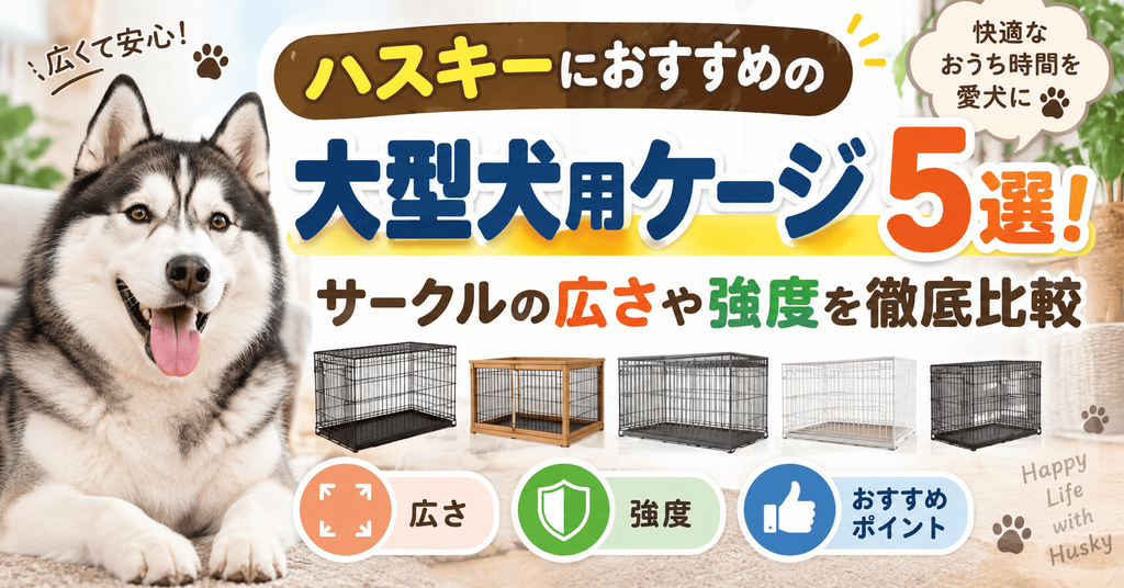 室内でくつろぐシベリアンハスキーと5種類の大型犬用ケージを並べ、サークルの広さ・強度・おすすめポイントを比較した画像