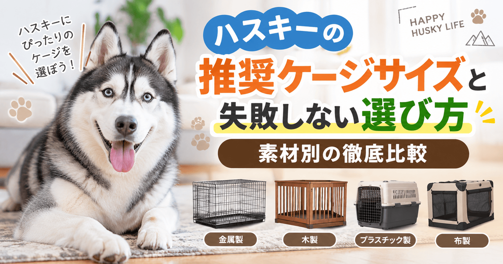 シベリアンハスキーと、金属製・木製・プラスチック製・布製のケージを並べ、推奨サイズや選び方を素材別に比較したイメージ