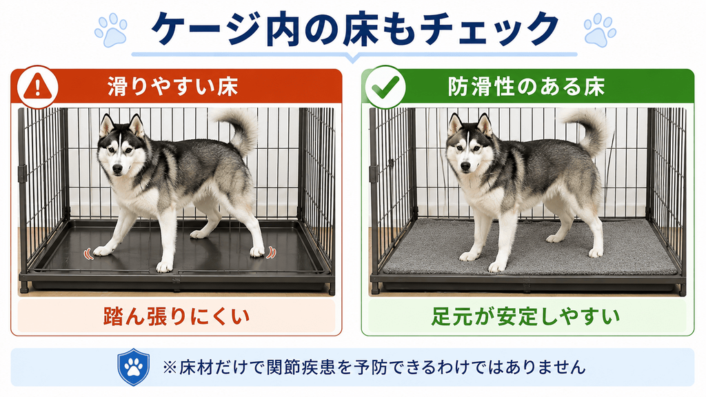 ハスキー用ケージ内の滑りやすい床と防滑性のある床を比較し、防滑マットで足元を安定させるポイントを示した図。