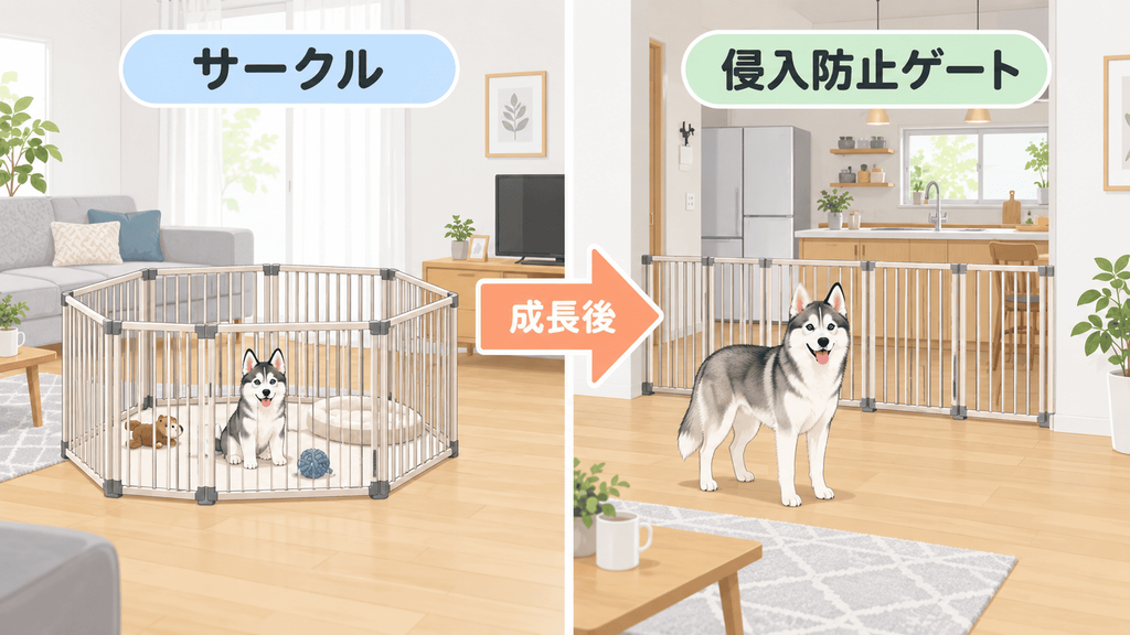 子犬期のサークルを成犬期に室内侵入防止ゲートへ転用するイメージ