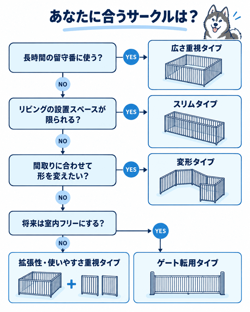 留守番時間や設置スペースからハスキー用サークルを選ぶフローチャート
