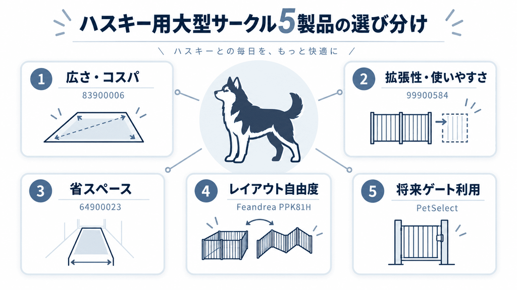 ハスキー用大型サークル5製品を広さ・拡張性・省スペース性などで分類した比較図