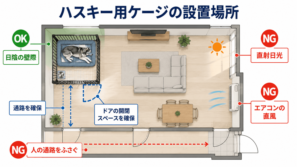 ハスキー用ケージを室内の日陰の壁際に置き、通路やドアの開閉スペースを確保し、直射日光・エアコンの直風・人の通路をふさぐ場所を避ける設置例を示した図。