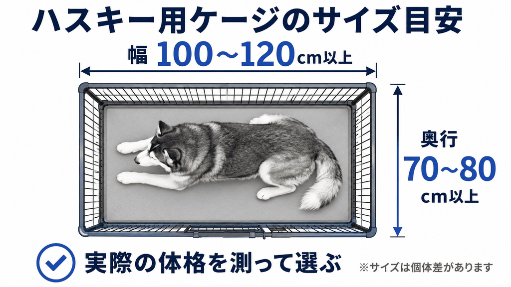 ハスキーが入ったケージを上から示し、幅100〜120cm以上・奥行70〜80cm以上をサイズ目安として、実際の体格を測って選ぶことを説明した図。