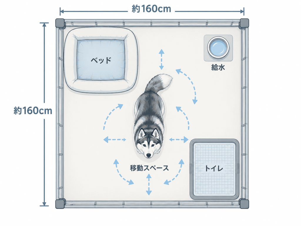 160cm四方の大型犬用サークルにベッド・トイレ・給水スペースを配置した例