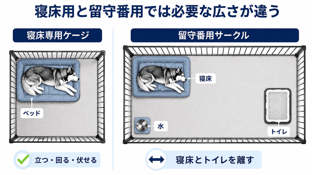 ハスキーの寝床専用ケージと留守番用サークルを比較し、留守番時は寝床・水・トイレを分けて配置できる広さが必要なことを示した図。