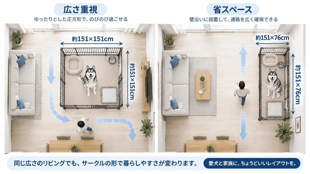 151cm四方の大型サークルと奥行き76cmのスリムサークルの設置スペース比較