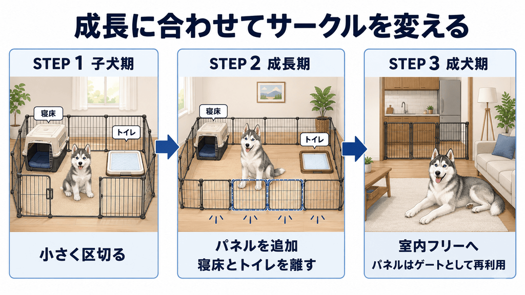 ハスキーの子犬期はサークルを小さく区切り、成長期はパネルを追加して寝床とトイレを分け、成犬期は室内フリーにしてパネルをゲートとして再利用する流れを示した図。