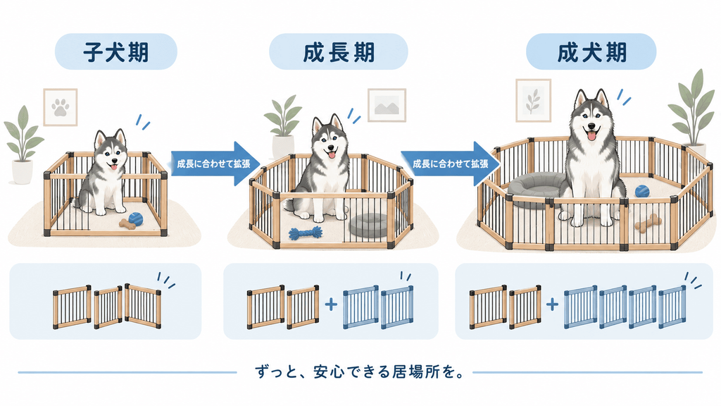 ハスキーの子犬から成犬まで成長に合わせてサークルを広げるイメージ
