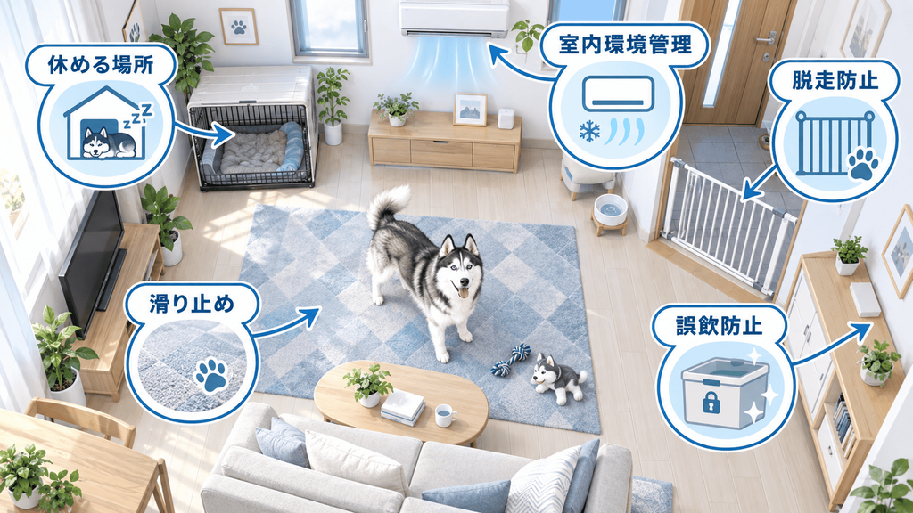 シベリアンハスキーの室内飼育で必要な滑り止め、クレート、誤飲防止、脱走防止、空調対策