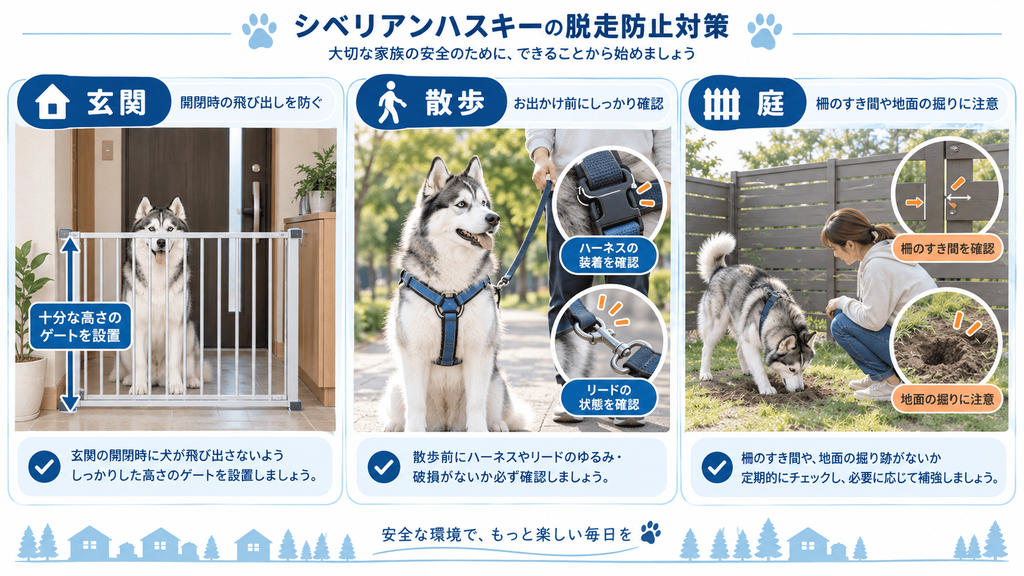 シベリアンハスキーの玄関・散歩・庭で行う脱走防止対策
