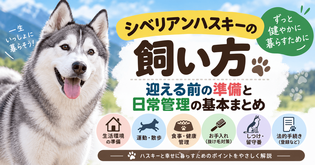シベリアンハスキーの写真と、生活環境・運動・食事・お手入れ・しつけ・法的手続きなど、飼う前の準備と日常管理のポイントを紹介する画像
