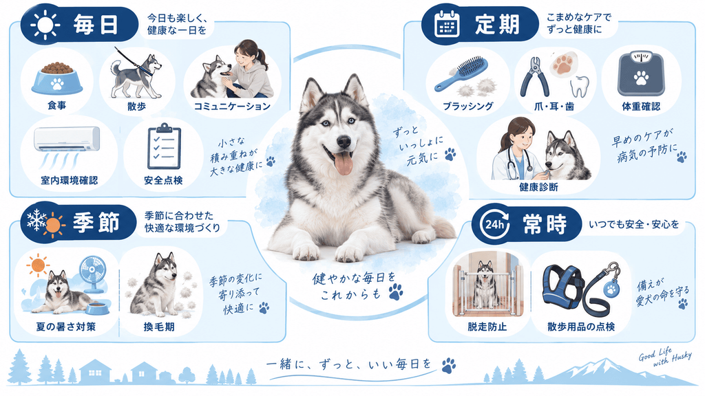 シベリアンハスキーの毎日・定期・季節・常時の飼育管理サイクル
