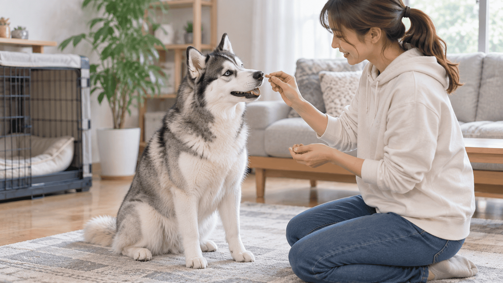 飼い主から褒められながら基本トレーニングを行うシベリアンハスキー