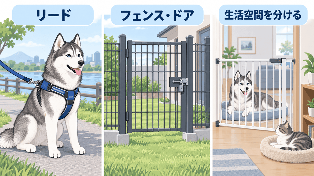リードや柵、生活空間の分離によるシベリアンハスキーの安全管理例