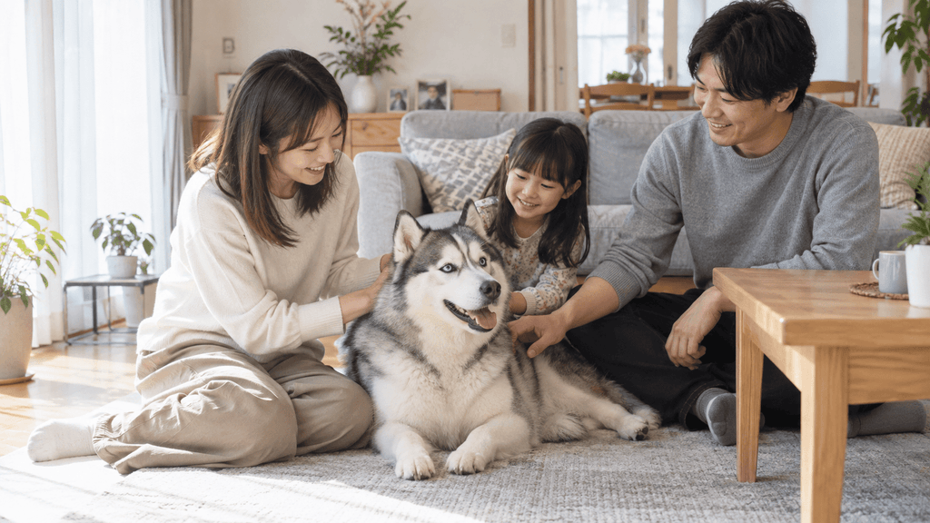 家族とリラックスして交流するシベリアンハスキー